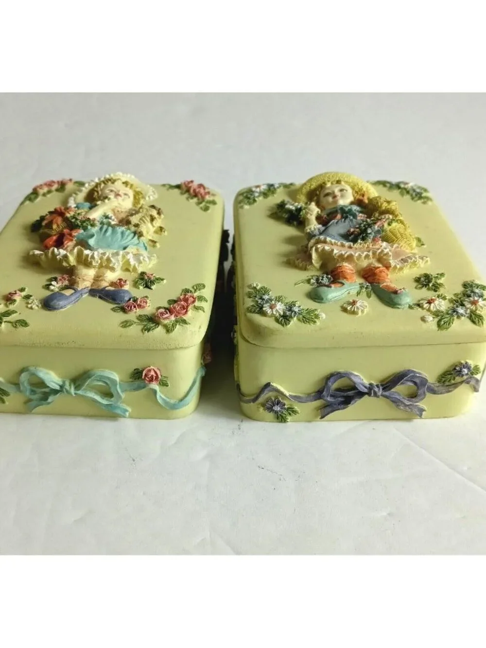 Pair of Vintage Yellow Rectangular Trinket Boxes with Raised Girl & Floral Desig